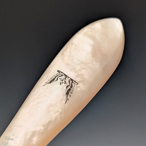 1876 British antique sterling silver blade and white mother of pearl handle cutlery set of 6 in wooden box by James Dixon & Sons